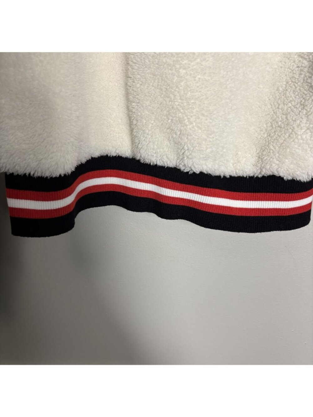 Evereve Off White Varsity Teddy Knit Pullover With Striped Red and Black Trim - Picture 8 of 8